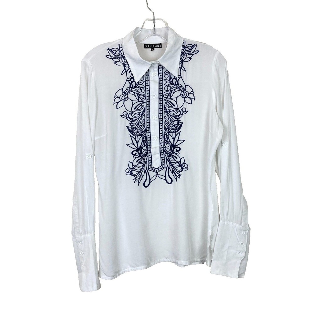 Dolce Cabo Women's Popover Blouse Size M White Black Embroidery Boho